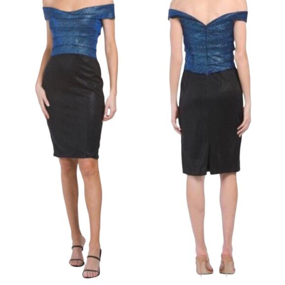 RENE RUIZ DRESS 12 METALLIC GLITTER BLUE BLACK TIERED OFF SHOULDER SHIMMER MINI - Picture 1 of 8